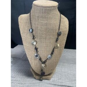 Napier Mixed Metal Textured Disc Y-Necklace Gunmetal Tone‎ Beaded Drop Statement